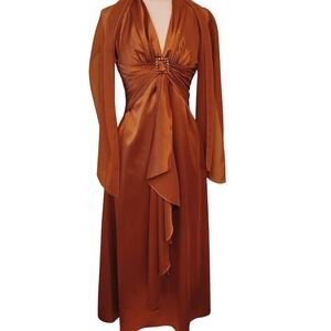 Aspeed USA Copper Satin Halter Gown Rhinestone Buckle Ruffle Evening Dress Shawl